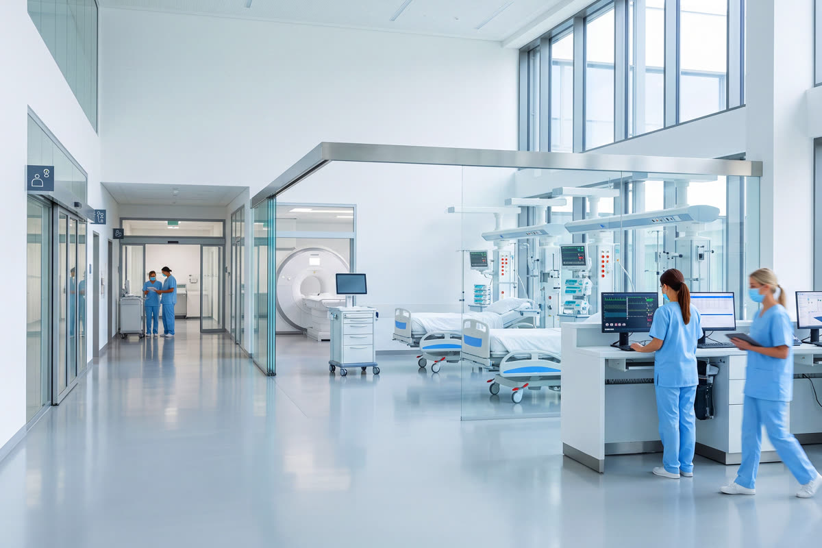 Área hospitalaria equipada con tecnología médica y personal clínico en operación.