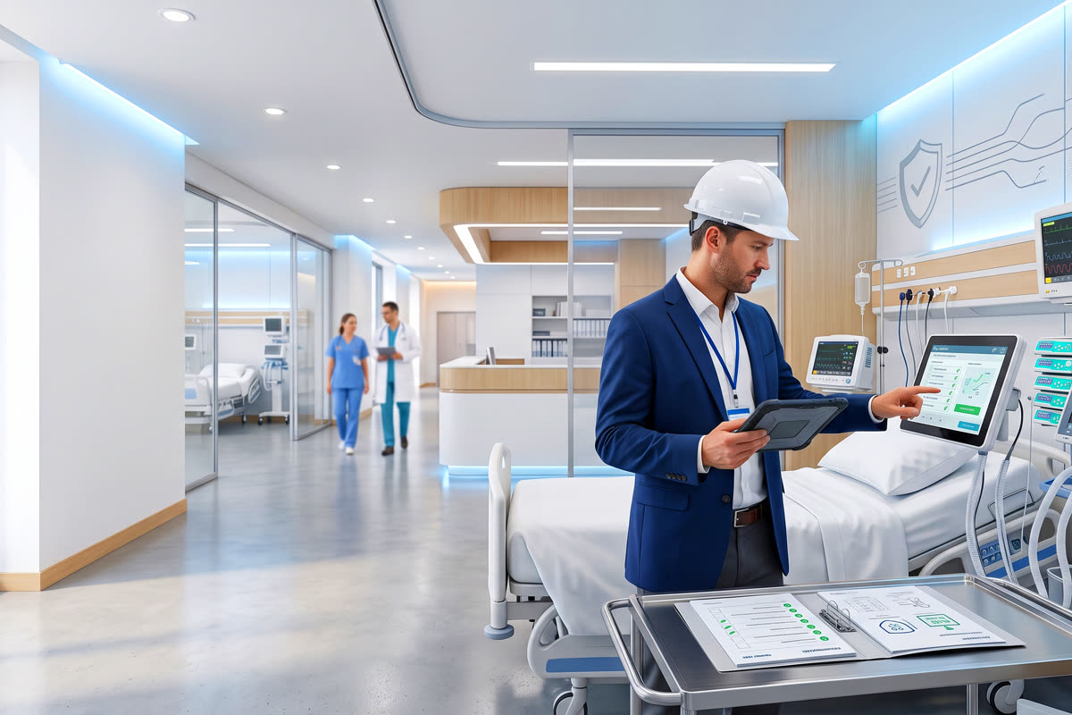 Especialista verificando el cumplimiento técnico del equipamiento instalado en una unidad médica.