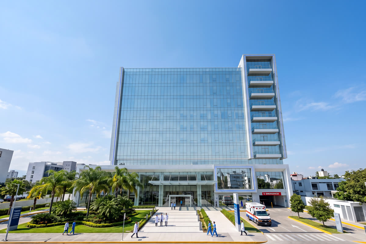 Fachada de un hospital de nueva construcción con acceso de urgencias.