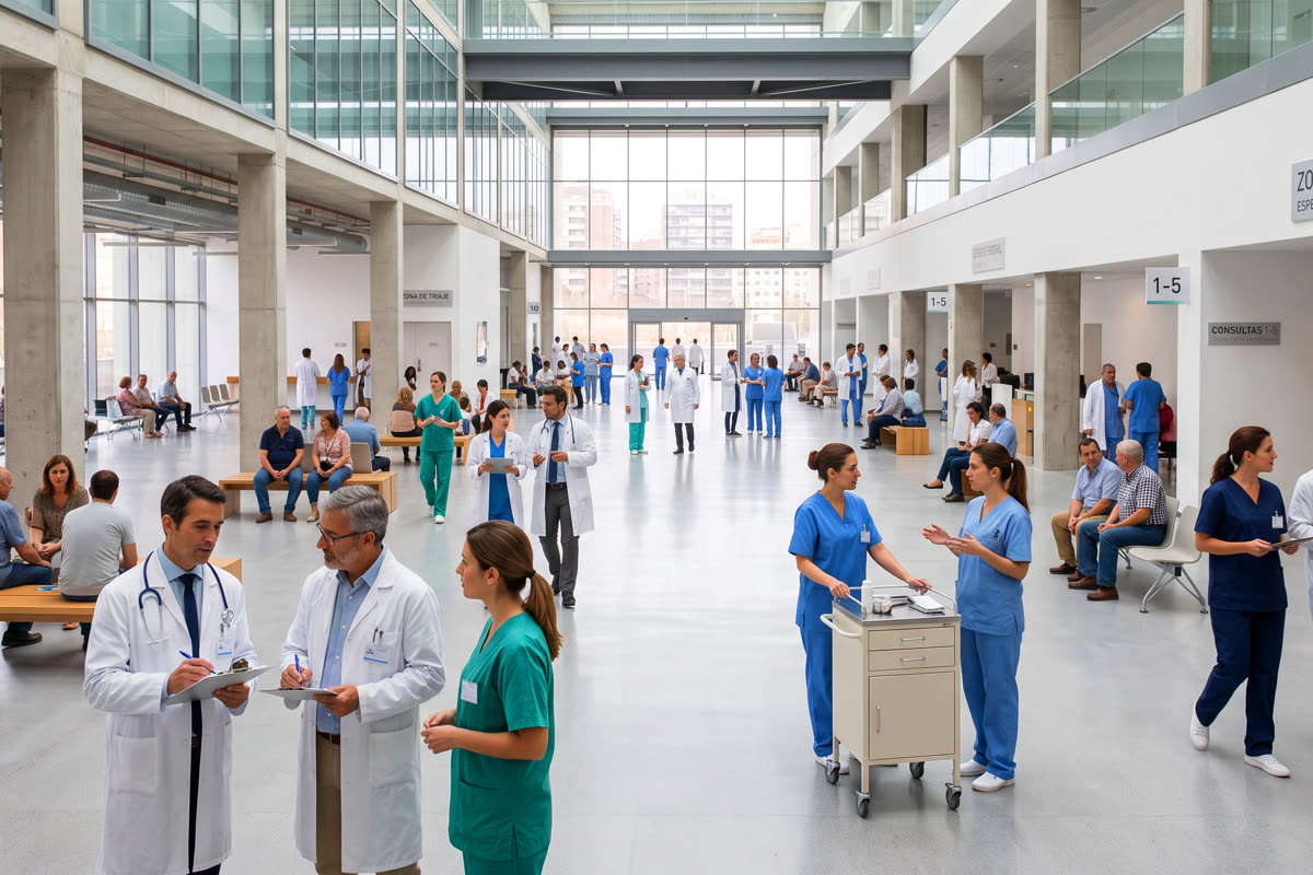 Vestíbulo hospitalario en operación cotidiana con personal médico y pacientes.